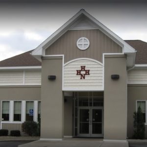 Front side of grey building