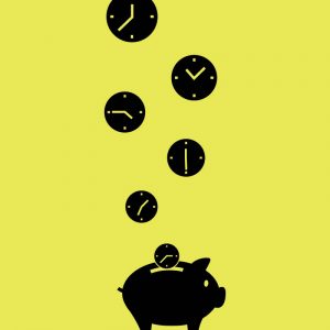 Time coins falling into piggy bank