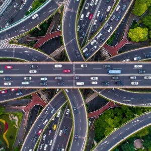 Intertwined roads with lots of cars