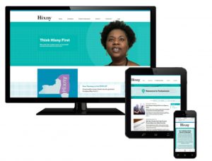 Hixny website shown on computer screen, tablet and phone