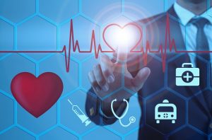 Honeycomb screen with man pushing heart shape in EKG