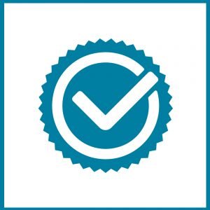 Blue and white square with checkmark at the center