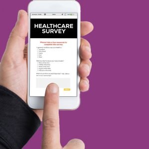 Purple background with hand holding smartphone